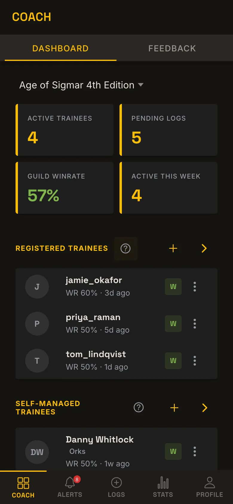 BattleGuild coach dashboard: active trainees, pending logs, guild win rate and the trainee roster.