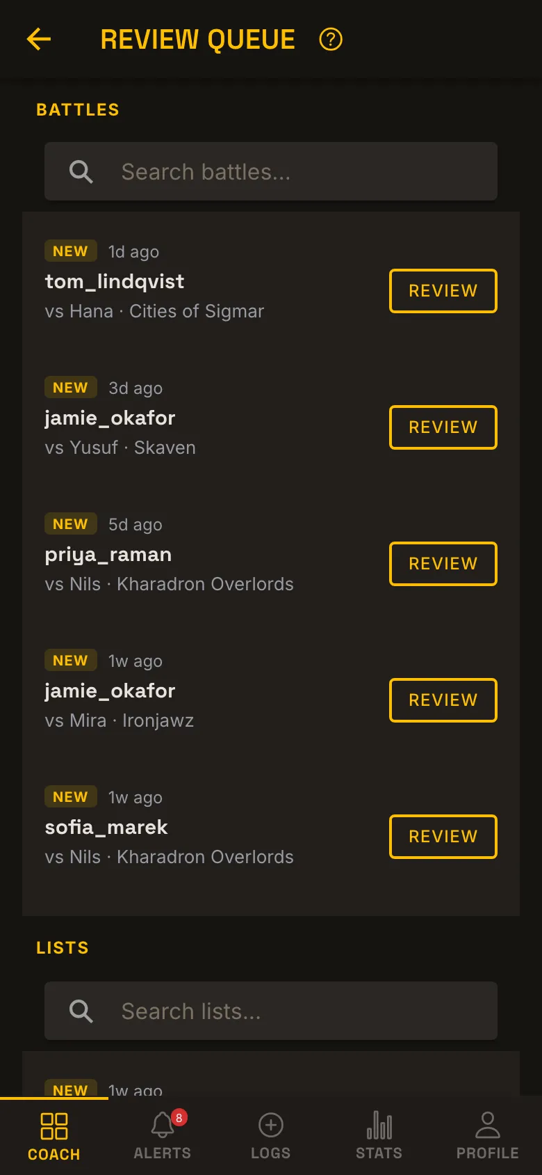 Review queue listing new battles from trainees, each with a Review button.