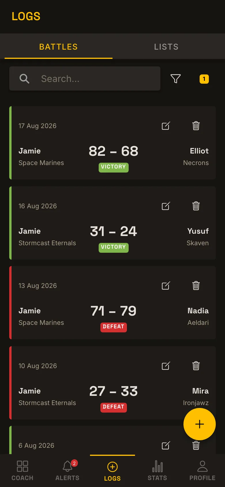 Player battle log: dated games with scores and VICTORY or DEFEAT badges.
