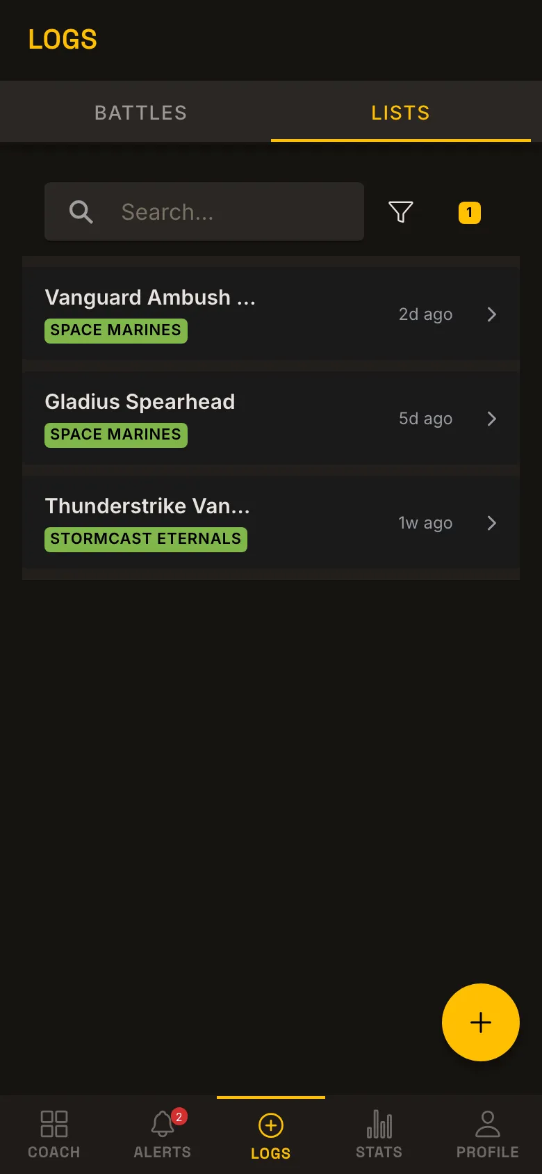 Army lists stored in BattleGuild, each with its own battle count and win rate.